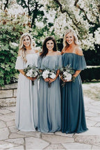 Vestidos largos de dama de honor de gasa gris pizarra con hombros descubiertos BD077