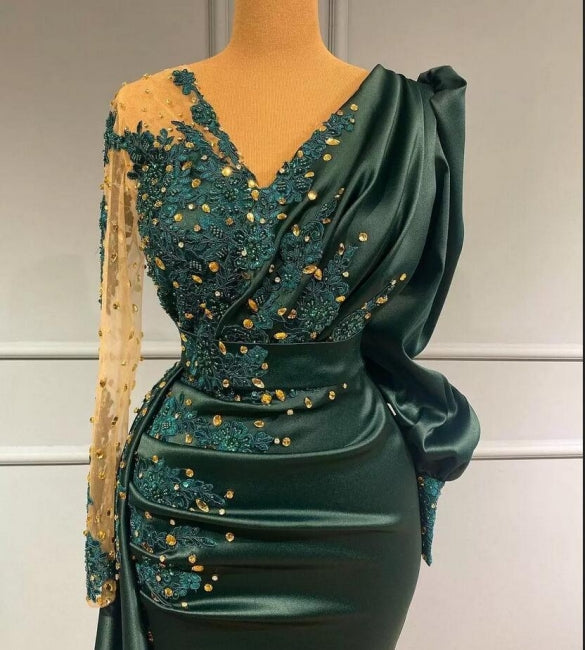 Vestidos de fiesta elegantes de sirena, largos, verde oscuro y con mangas