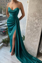 Long Dark Green Mermaid Sleeveless Satin Evening Dresses With Slit