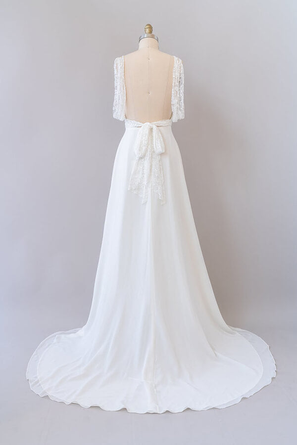 Abito da sposa lungo impero a linea ad A con scollo a V, pizzo, chiffon e schiena scoperta