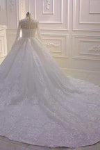 Vestido de Noiva com Gola Alta, Aplicações e Renda, Modelo de Baile com Mangas Longas