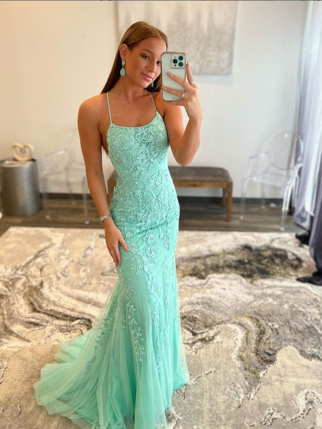 Robe de bal longue sirène en dentelle dos nu vert menthe Robes de soirée formelles dos nu