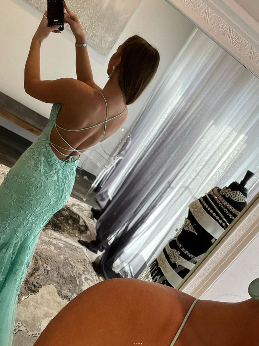 Robe de bal longue sirène en dentelle dos nu vert menthe Robes de soirée formelles dos nu