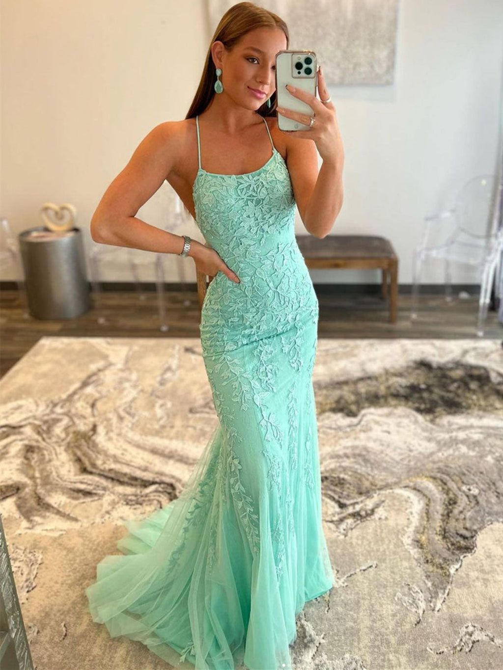 Robe de bal longue sirène en dentelle dos nu vert menthe Robes de soirée formelles dos nu