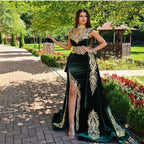 Vestidos de noite longos cauda de sereia verde escuro com aplicações de renda dourada
