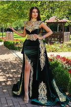 Vestidos de noite longos cauda de sereia verde escuro com aplicações de renda dourada