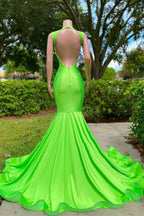 Vestido longo de baile de sereia com decote em V profundo, lantejoulas, cetim elástico e costas descobertas com apliques