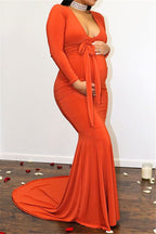 Robe de soirée longue sirène à col en V profond pour femme enceinte avec manches
