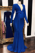 Robe de soirée longue sirène à col en V profond pour femme enceinte avec manches