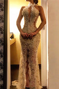 Vestido de fiesta de noche largo con escote halter, encaje y cuentas, estilo sirena, con abertura