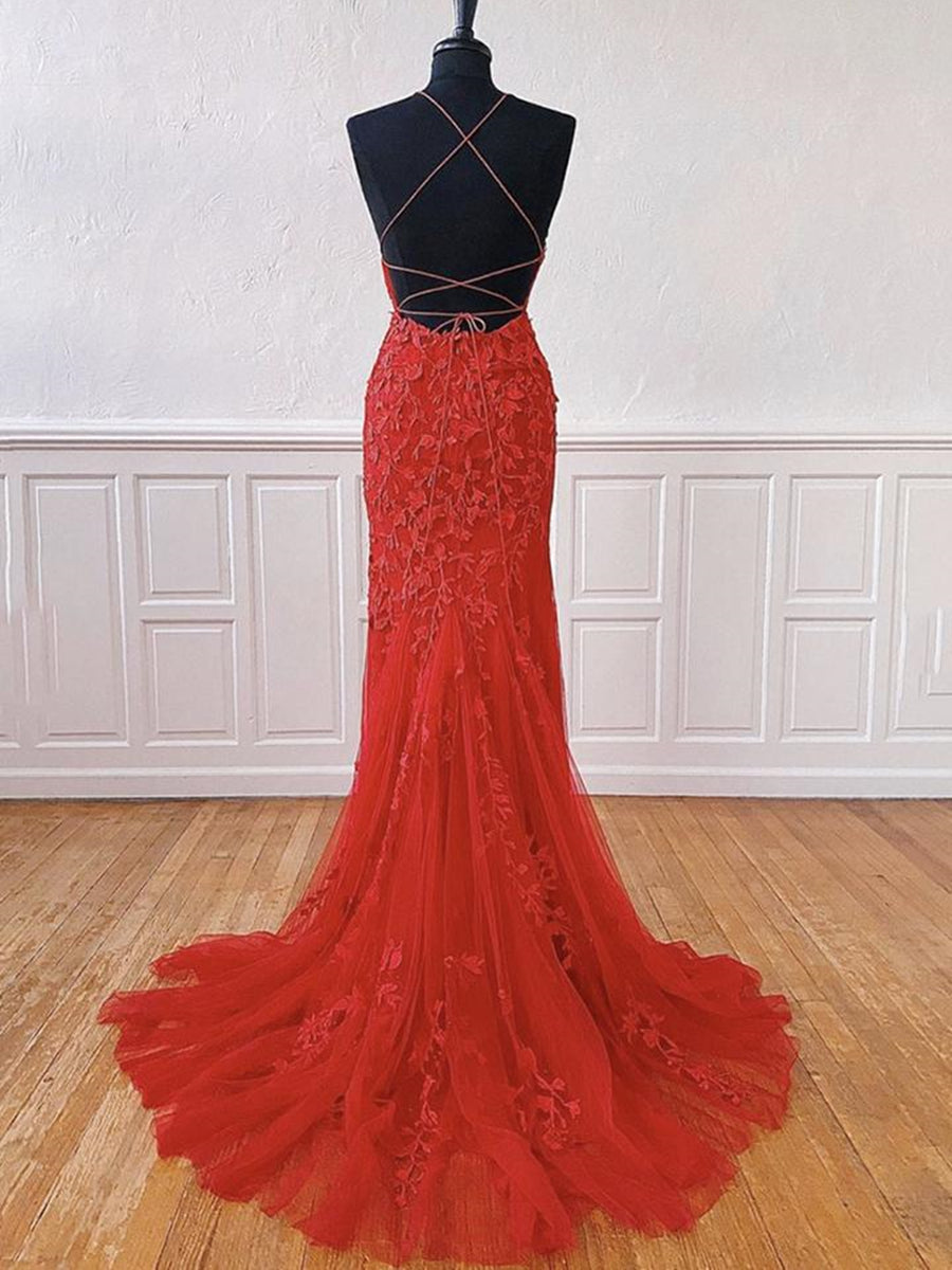 Robe longue sirène à col licou en tulle et dentelle, dos nu, robe de bal de fin d'études formelle