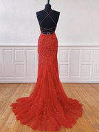 Robe longue sirène à col licou en tulle et dentelle, dos nu, robe de bal de fin d'études formelle