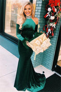 Robe de bal longue sirène en velours vert à col montant