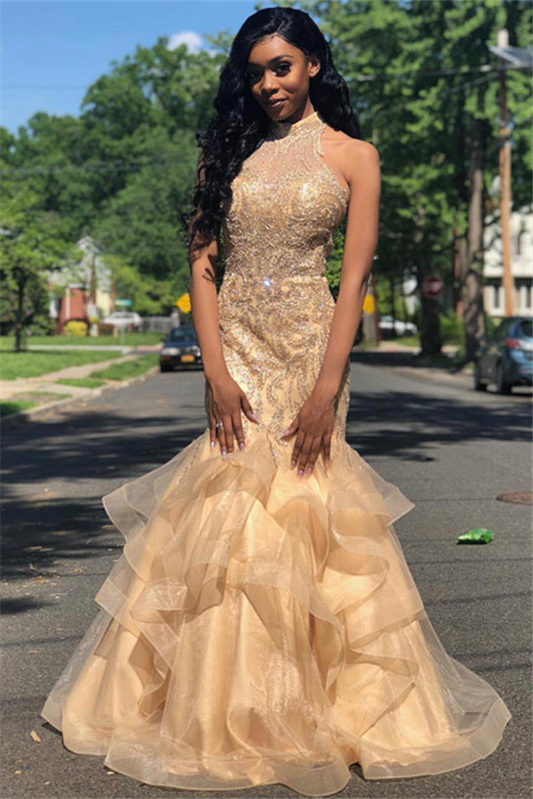 Robe de bal longue sirène en organza à col montant