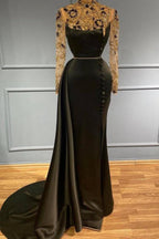 Robe de bal longue sirène en satin à col montant avec manches