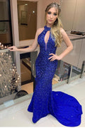 Robe de bal longue sirène en satin bleu royal à col haut et dos nu
