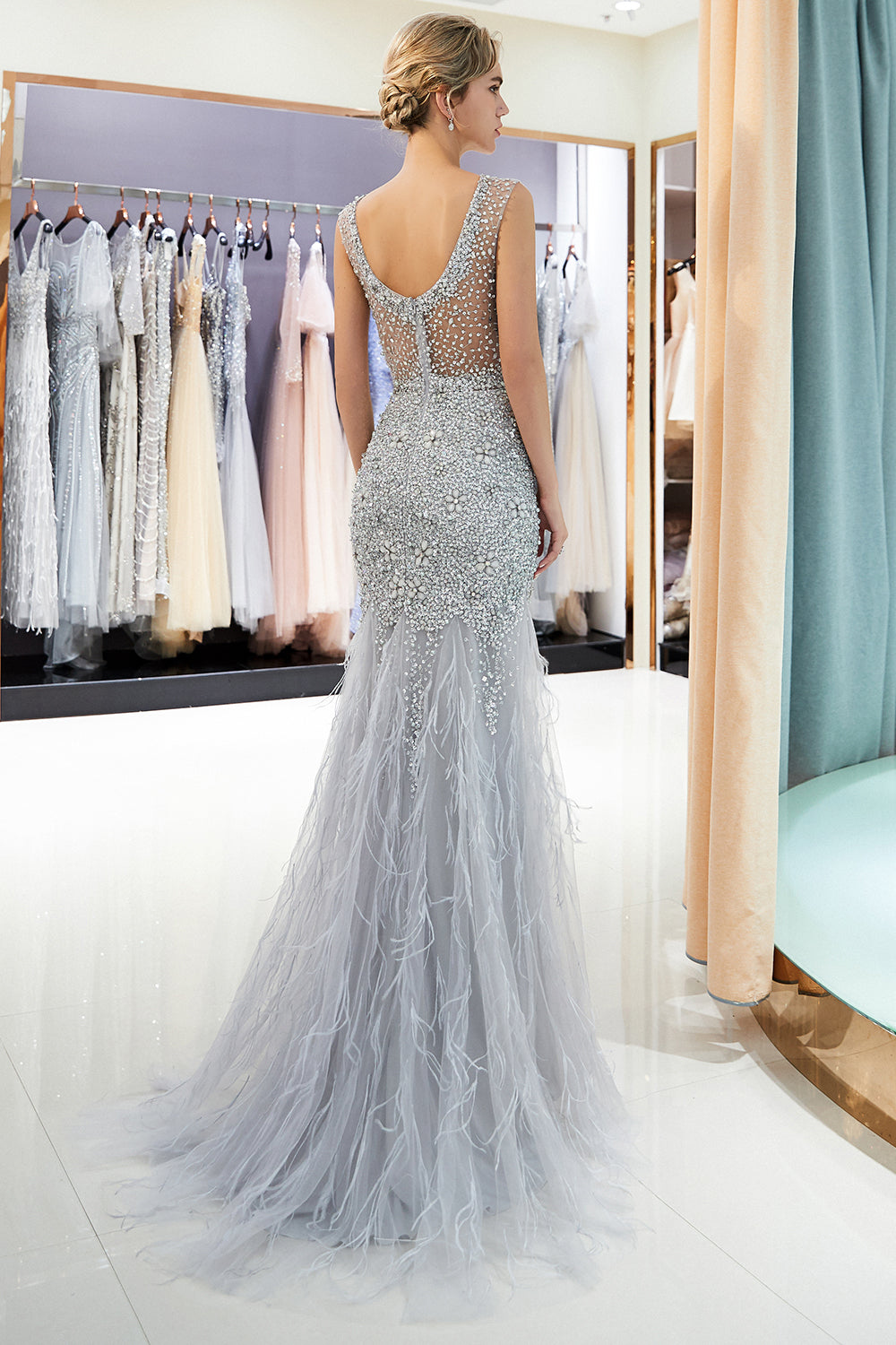 Robes de soirée longues en tulle avec perles et paillettes en forme de sirène