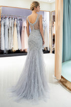 Robes de soirée longues en tulle avec perles et paillettes en forme de sirène