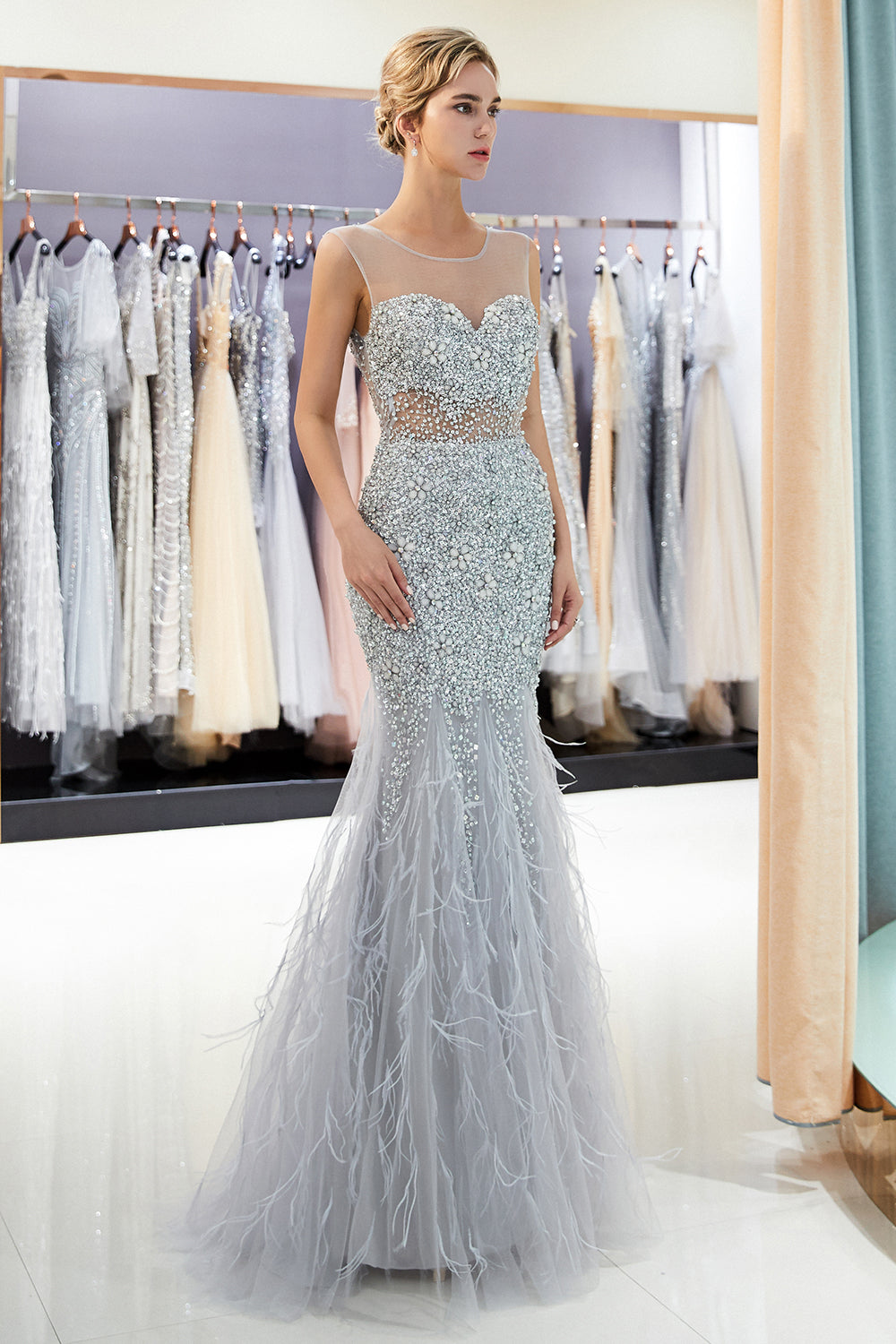 Robes de soirée longues en tulle avec perles et paillettes en forme de sirène