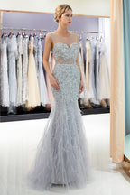 Robes de soirée longues en tulle avec perles et paillettes en forme de sirène