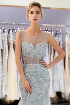 Robes de soirée longues en tulle avec perles et paillettes en forme de sirène