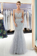 Robes de soirée longues en tulle avec perles et paillettes en forme de sirène