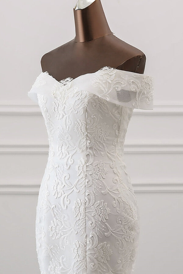 Langes Meerjungfrau-Brautkleid mit schulterfreiem Schnitt und Applikationen aus Spitze und Tüll