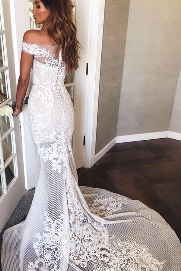 Langes Meerjungfrau-Brautkleid mit schulterfreier Schleppe und Applikationen
