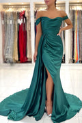 Robe de bal longue sirène à épaules dénudées, dos nu, fente avant avec traîne latérale