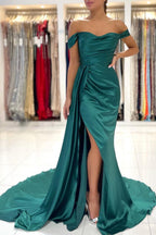 Robe de bal longue sirène à épaules dénudées, dos nu, fente avant avec traîne latérale
