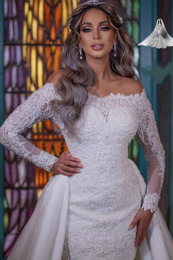 Abiti da sposa lunghi a sirena con scollo a barca e maniche staccabili