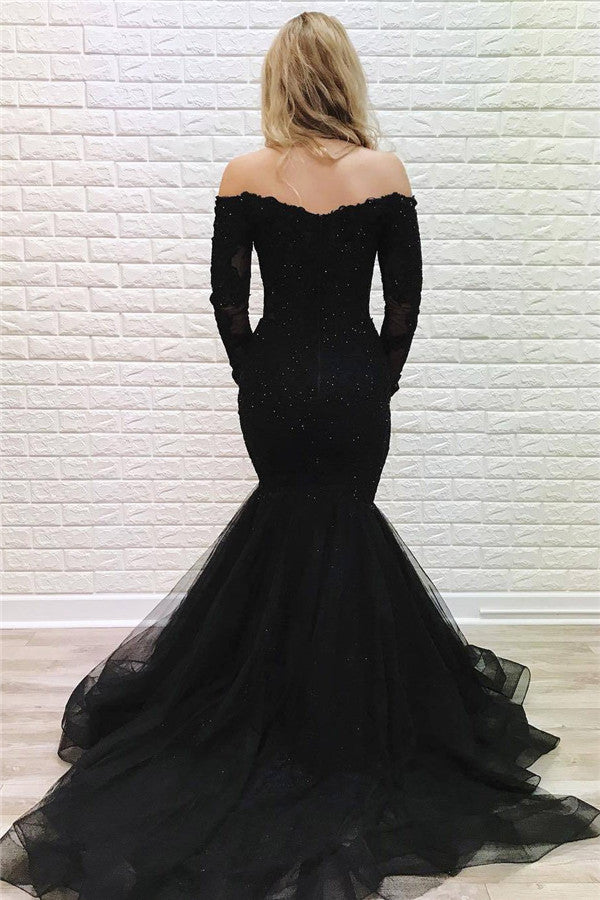 Robe de bal longue sirène en dentelle à épaules dénudées avec manches