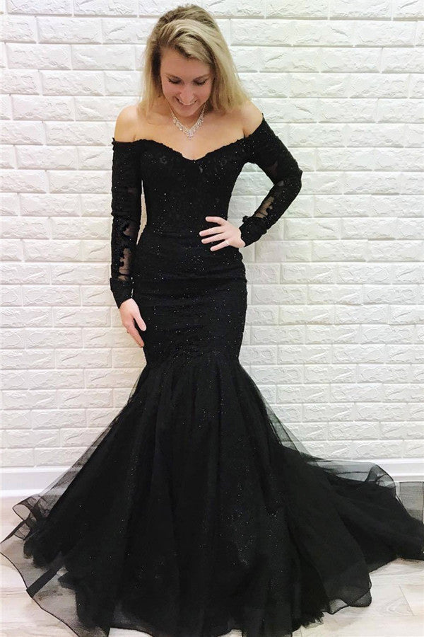 Robe de bal longue sirène en dentelle à épaules dénudées avec manches
