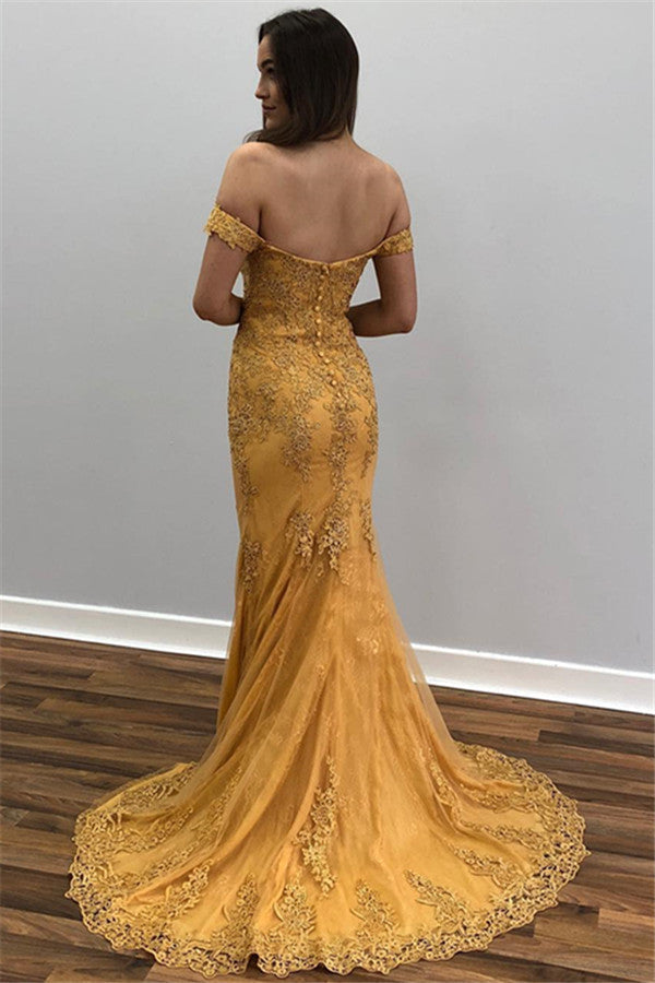 Robe de bal dorée longue sirène en dentelle à épaules dénudées