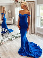 Vestido longo de cetim azul real para baile, estilo sereia, com decote ombro a ombro, para ocasiões formais à noite