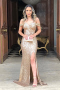Robes de bal longues sirène à paillettes, épaules dénudées, avec fente