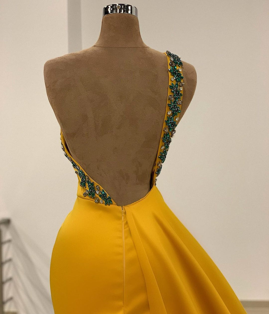 Robe de bal longue sirène à une épaule, perles, dos nu avec fente