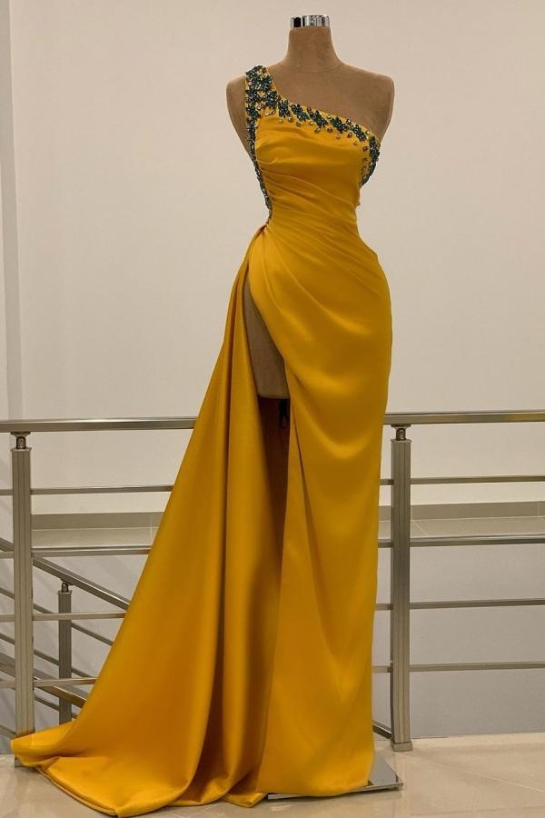 Robe de bal longue sirène à une épaule, perles, dos nu avec fente