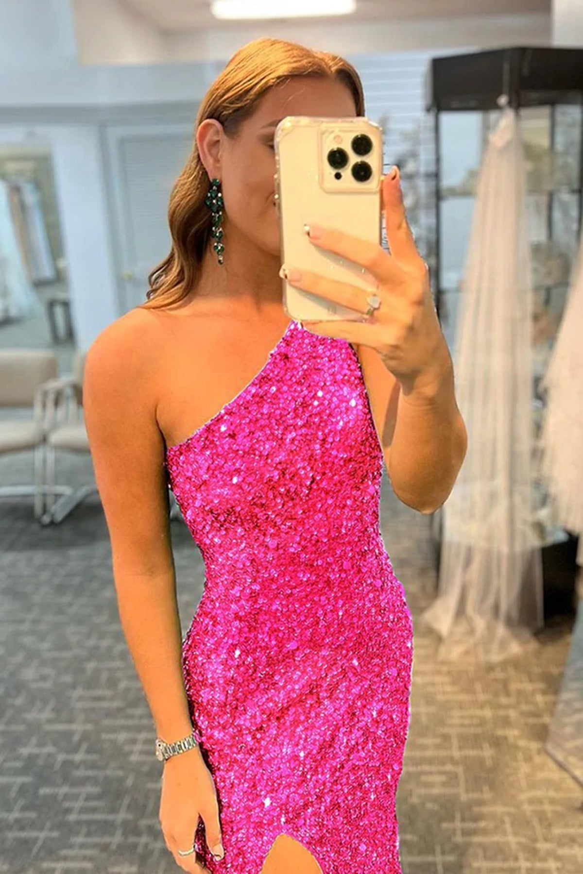 Long Mermaid One Shoulder Sequined Formal Prom Dress with Slit Fuchsia Evening Gowns