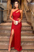 Robe de bal rouge longue sirène à une épaule, ornée de paillettes, avec fente