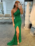 Robe de bal longue sirène à une épaule avec sequins, dos ouvert et fente