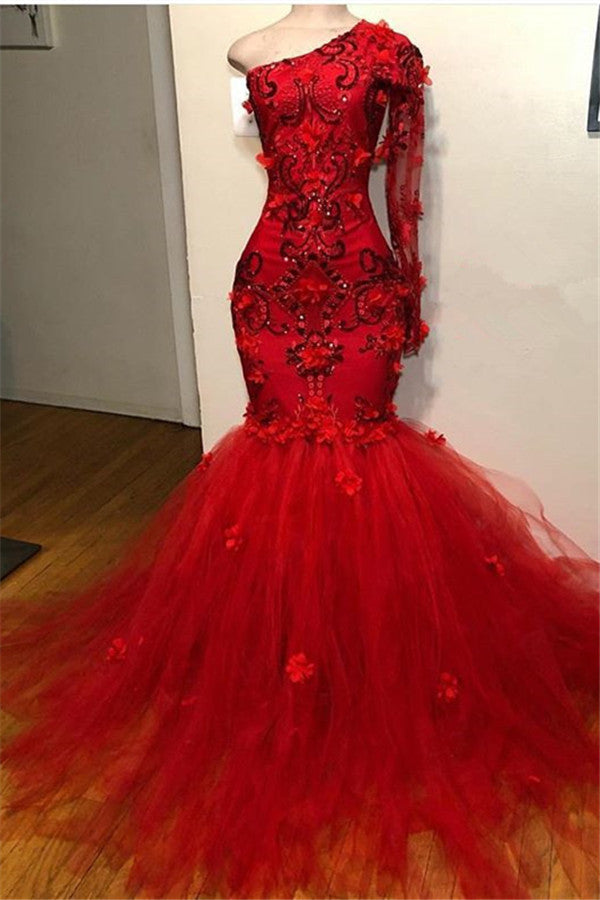 Robe de bal longue sirène en tulle et dentelle à une épaule avec manches