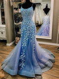 Vestido comprido de baile azul com decote redondo, tule, costas descobertas e renda, estilo sereia, para cerimónias formais à noite