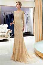 Robes de soirée longues sirène à paillettes avec manches