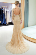 Robes de soirée longues sirène à paillettes avec manches