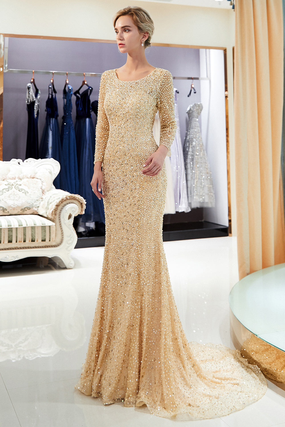 Robes de soirée longues sirène à paillettes avec manches