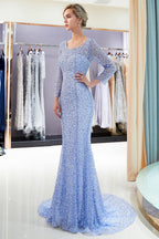 Robes de soirée longues sirène à paillettes avec manches