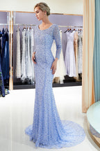 Robes de soirée longues sirène à paillettes avec manches