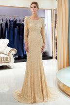 Robes de soirée longues sirène à paillettes avec manches