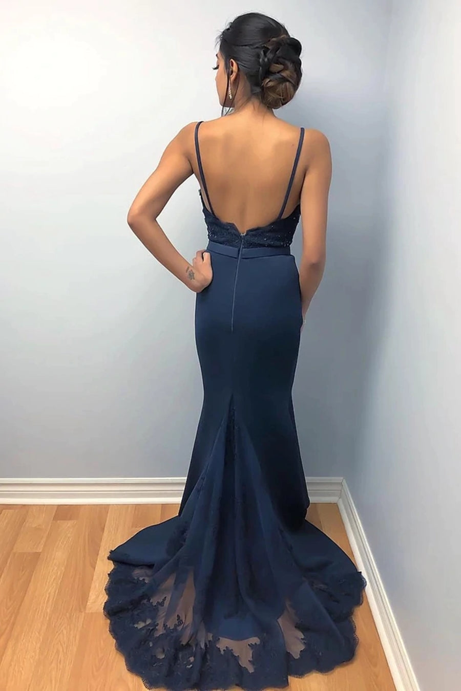 Robes longues de soirée formelles à bretelles spaghetti, dos nu, en dentelle perlée style sirène